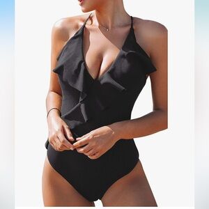 CUPSHE Women's Black One Piece Ruffle Wrap Textured Beach Swimsuit. XL